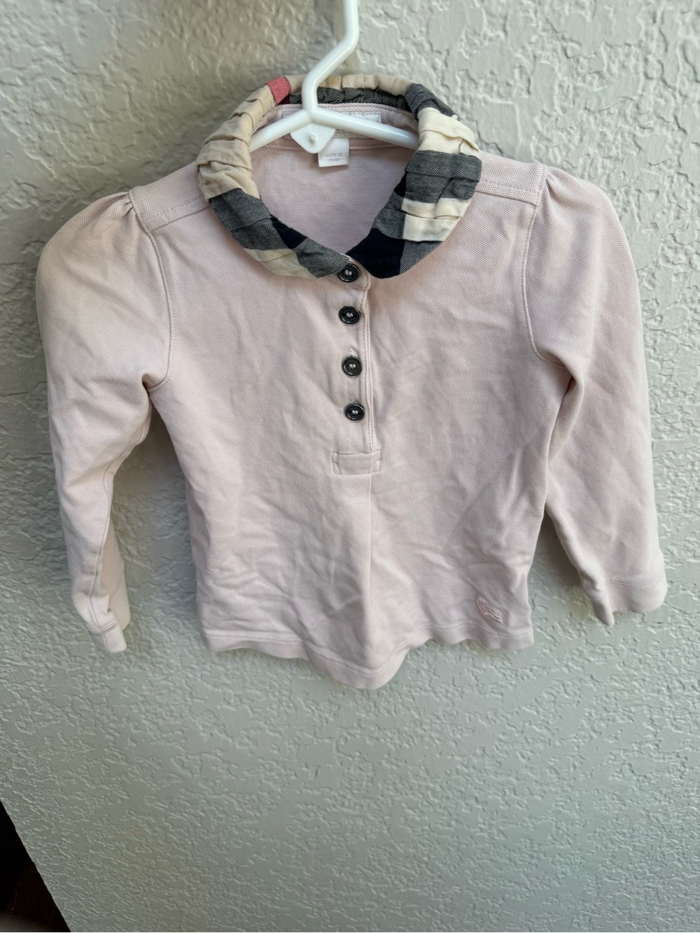 Burberry Light Pink Long-Sleeve Polo Top with Signature Check Collar